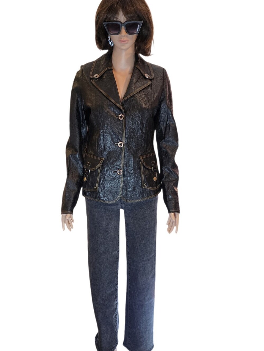 Y2K Ar Temiz Vintage Black Leather Crinkle Blazer Jacket EUC